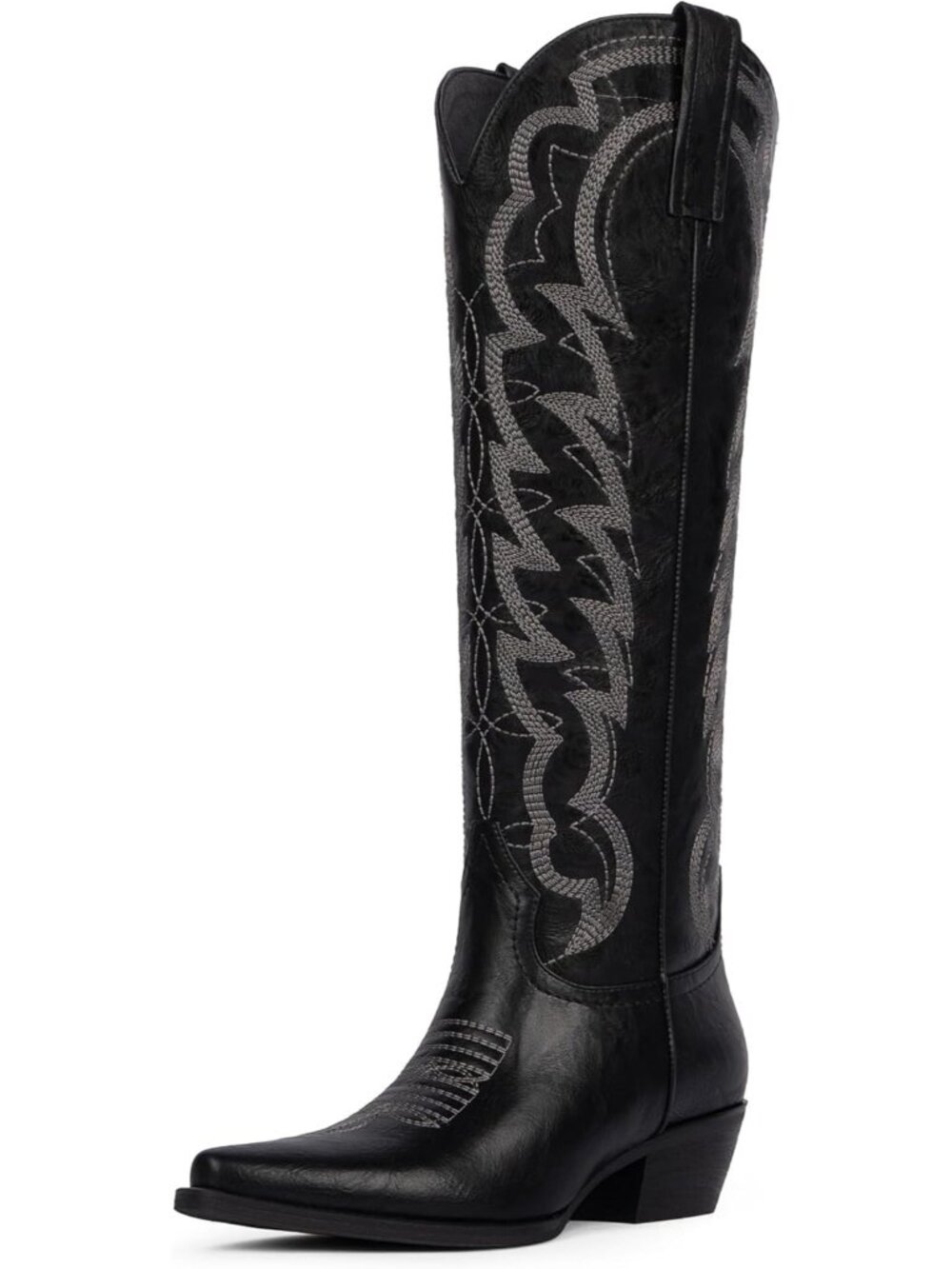 Women A-black Leather Knee High Chunky Butterfly Cowgirl Calf Pointed Toe Boot